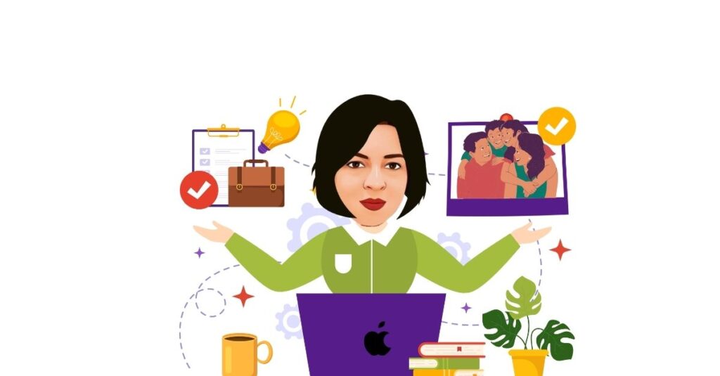 An illustrated depiction of a woman juggling various life aspects—family, career, ideas, and personal goals—while working on a laptop.