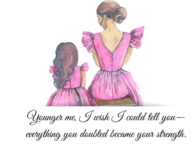 A watercolor illustration of a woman and her younger self, both wearing pink dresses, reflecting on personal growth and resilience.