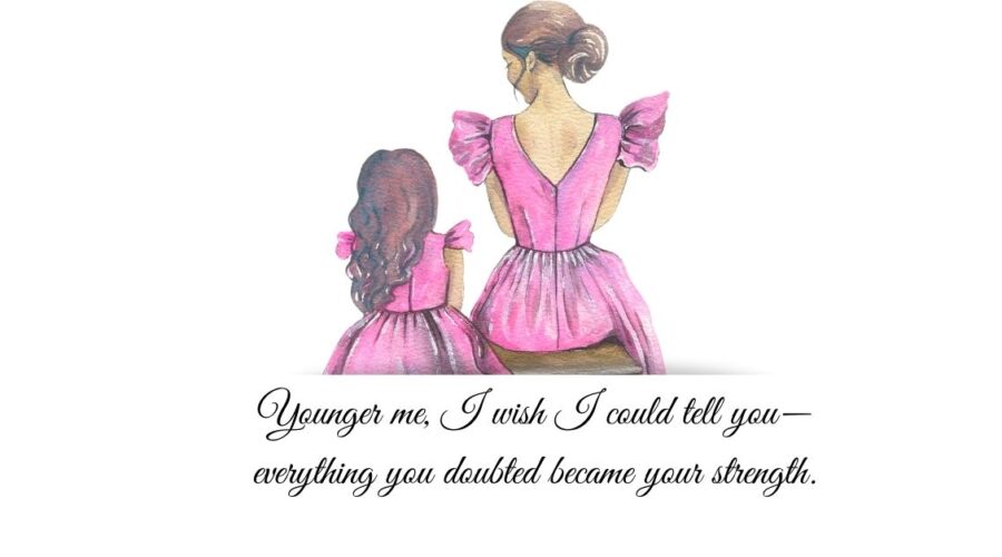 A watercolor illustration of a woman and her younger self, both wearing pink dresses, reflecting on personal growth and resilience.