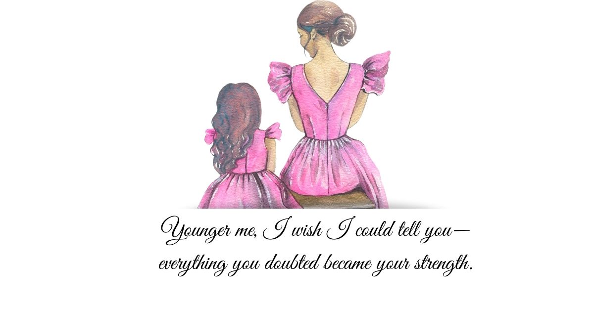 A watercolor illustration of a woman and her younger self, both wearing pink dresses, reflecting on personal growth and resilience.