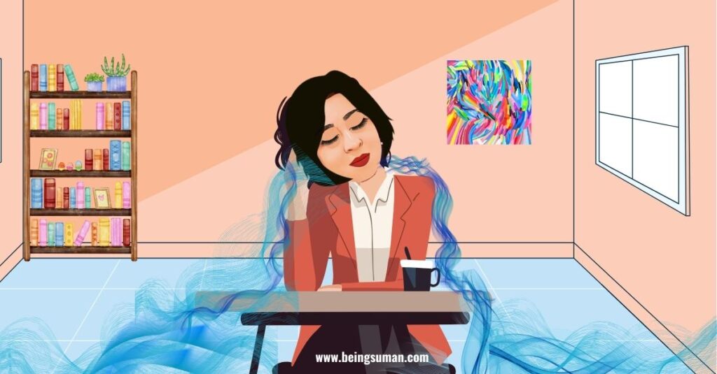 A woman sitting at a desk, surrounded by calming blue energy waves, symbolizing mindfulness and protecting energy.