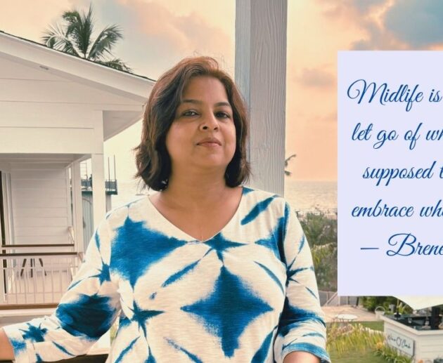 A midlife woman standing on a serene balcony with a sunset backdrop, exuding confidence, alongside a quote by Brené Brown about embracing who we are in midlife.