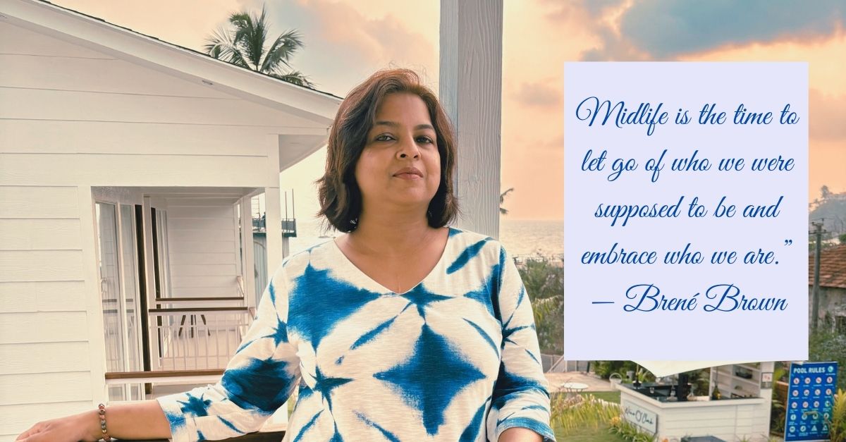 A midlife woman standing on a serene balcony with a sunset backdrop, exuding confidence, alongside a quote by Brené Brown about embracing who we are in midlife.