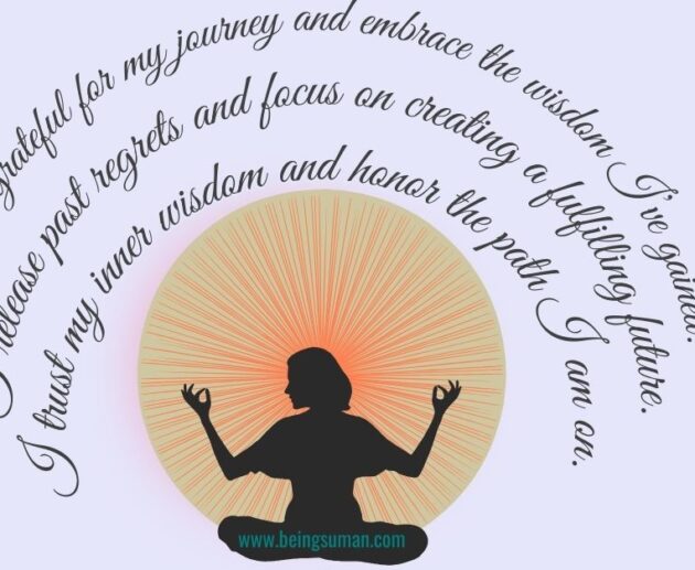 Silhouette of a meditating figure surrounded by affirmations and a glowing sunburst.