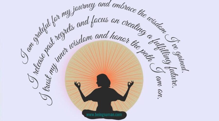 Silhouette of a meditating figure surrounded by affirmations and a glowing sunburst.