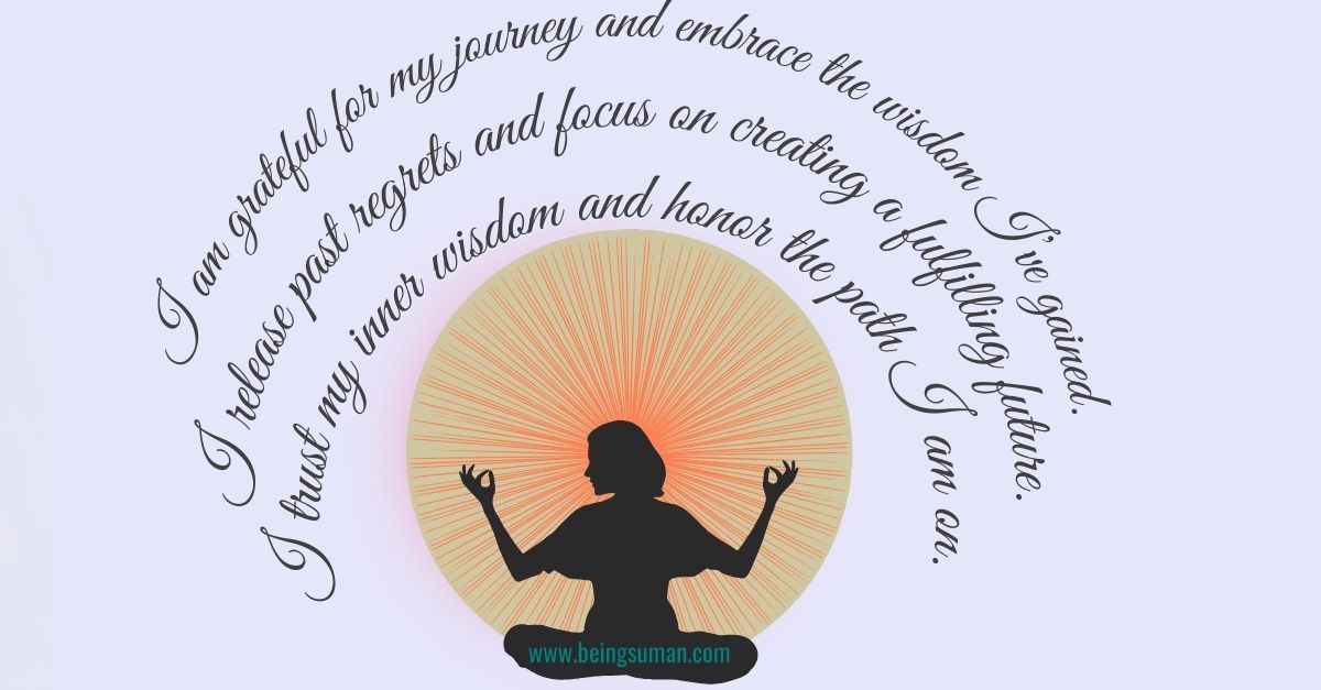 Silhouette of a meditating figure surrounded by affirmations and a glowing sunburst.