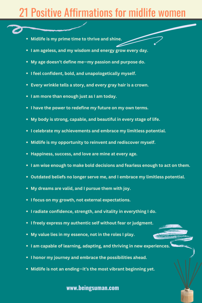 An infographic displaying 21 affirmations for midlife women, set on a teal background with decorative elements.