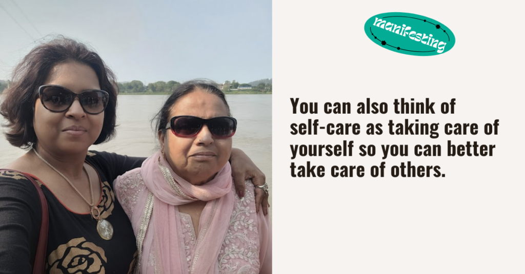 two women standing outdoors near a serene river. both are wearing sunglasses and are dressed in elegant attire. the woman on the left has short hair and a necklace, while the woman on the right wears a pink scarf. a motivational quote is displayed beside them: "you can also think of self-care as taking care of yourself so you can better take care of others