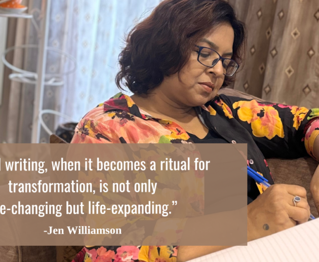 A woman writing in her journal as part of a mindfulness and self-care routine, emphasizing transformation and mental wellness