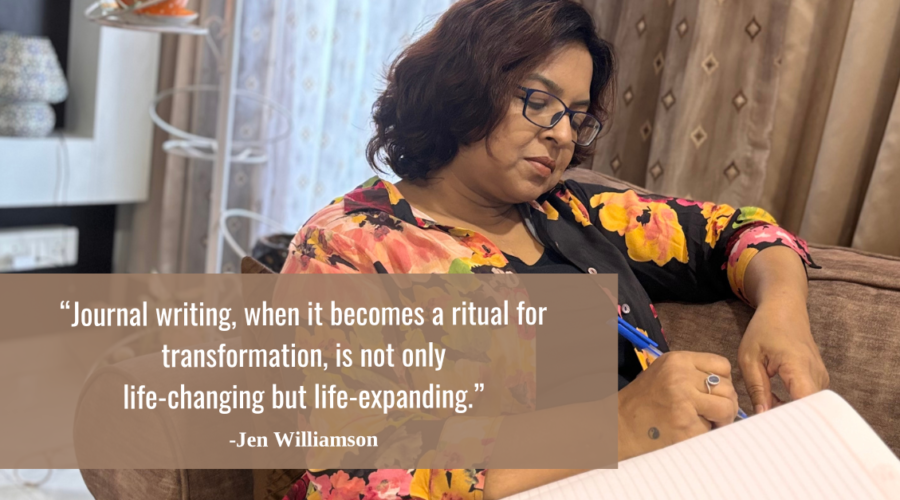 A woman writing in her journal as part of a mindfulness and self-care routine, emphasizing transformation and mental wellness