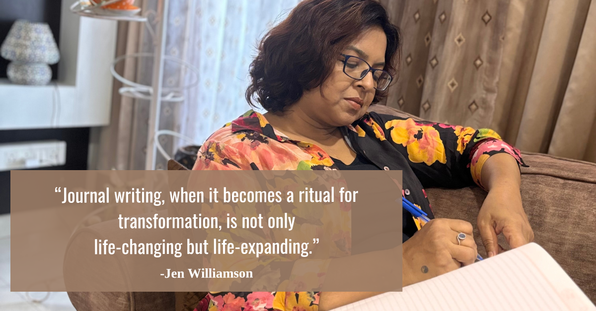 A woman writing in her journal as part of a mindfulness and self-care routine, emphasizing transformation and mental wellness