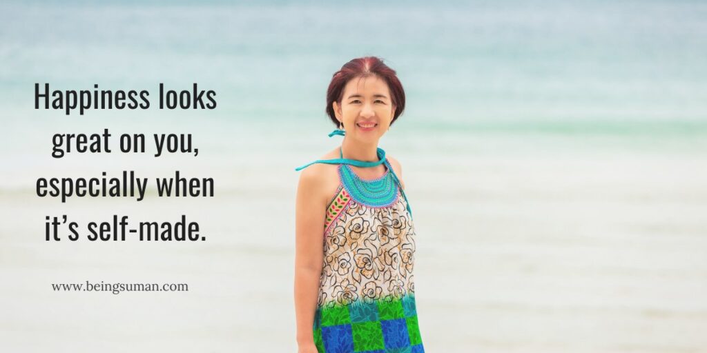 woman smiling at the beach with a caption about self-made happiness.