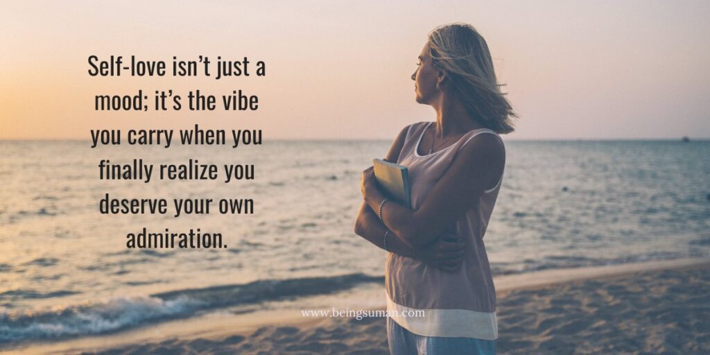 woman standing on the beach holding a notebook, with a message about self-love as a vibe